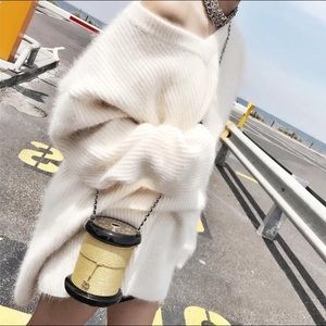 🎉v neck off shoulder furry sweater dress